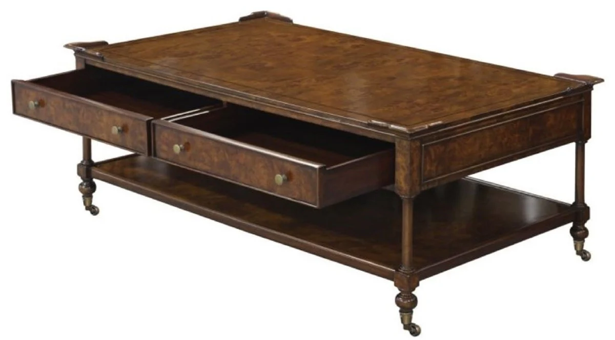 Casa Padrino Mesa de Centro Art Nouveau de Lujo de Marrón 125 x 81 x H. 48 cm - Mesa de la Sala con Ruedas y 2 Cajones