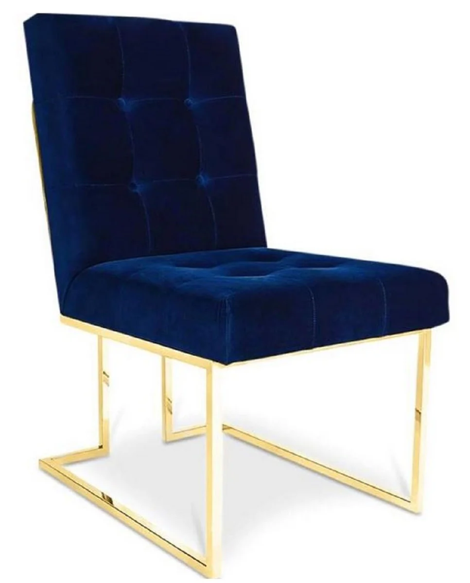 Casa Padrino Silla de Comedor Chesterfield de Terciopelo de Lujo Azul Oscuro / Oro 48 x 67,5 x H. 90 cm - Muebles de Comedor