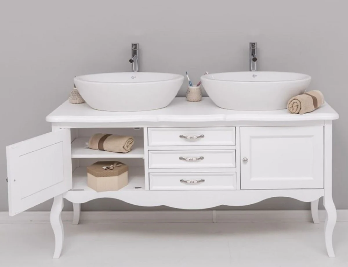 Casa Padrino armario de lavabo doble de madera maciza de estilo campestre blanco 150 cm - Muebles de baño de estilo campestre