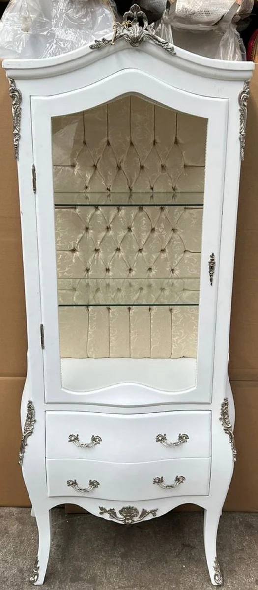 Casa Padrino vitrina barroco blanco / plata / oro - Vitrina de madera maciza hecha a mano con puerta de vidrio y 2 cajones - Muebles barrocos - Noble y Magn¨ªfico