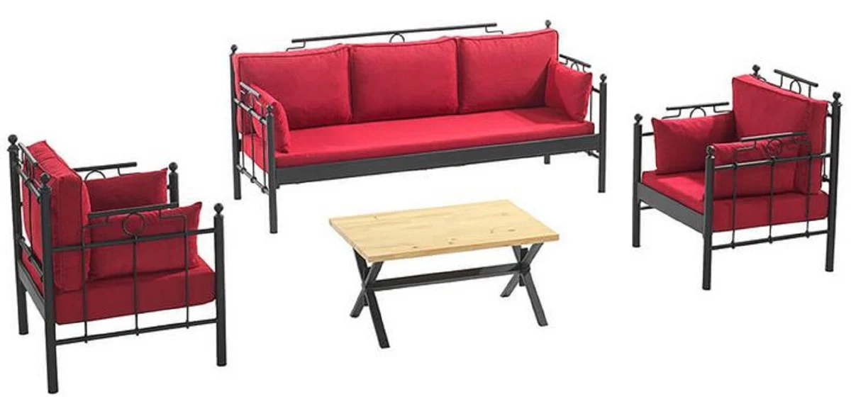 Casa Padrino Art Nouveau Conjunto de Muebles de Jard¨ªn Rojo Burdeos / Negro - 1 Sof¨¢ y 2 Sillones y 1 Mesa - Muebles de Jard¨ªn y Patio en Estilo Art Nouveau