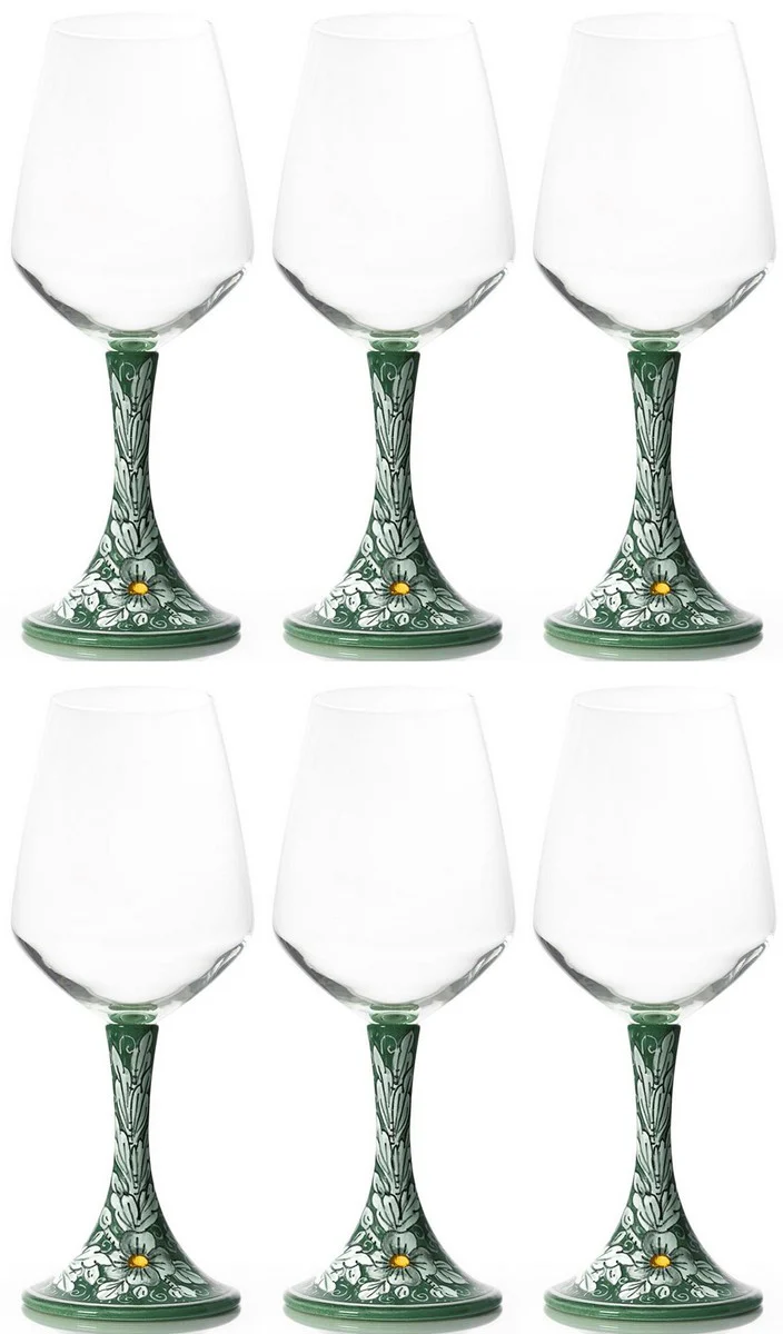 Casa Padrino conjunto de 6 copas de vino de cer¨¢mica de lujo verde / multicolor A. 23,5 cm - Copas de vino hechas y pintadas a mano - Accesorios hoteles y restaurantes - Hecho en Italia