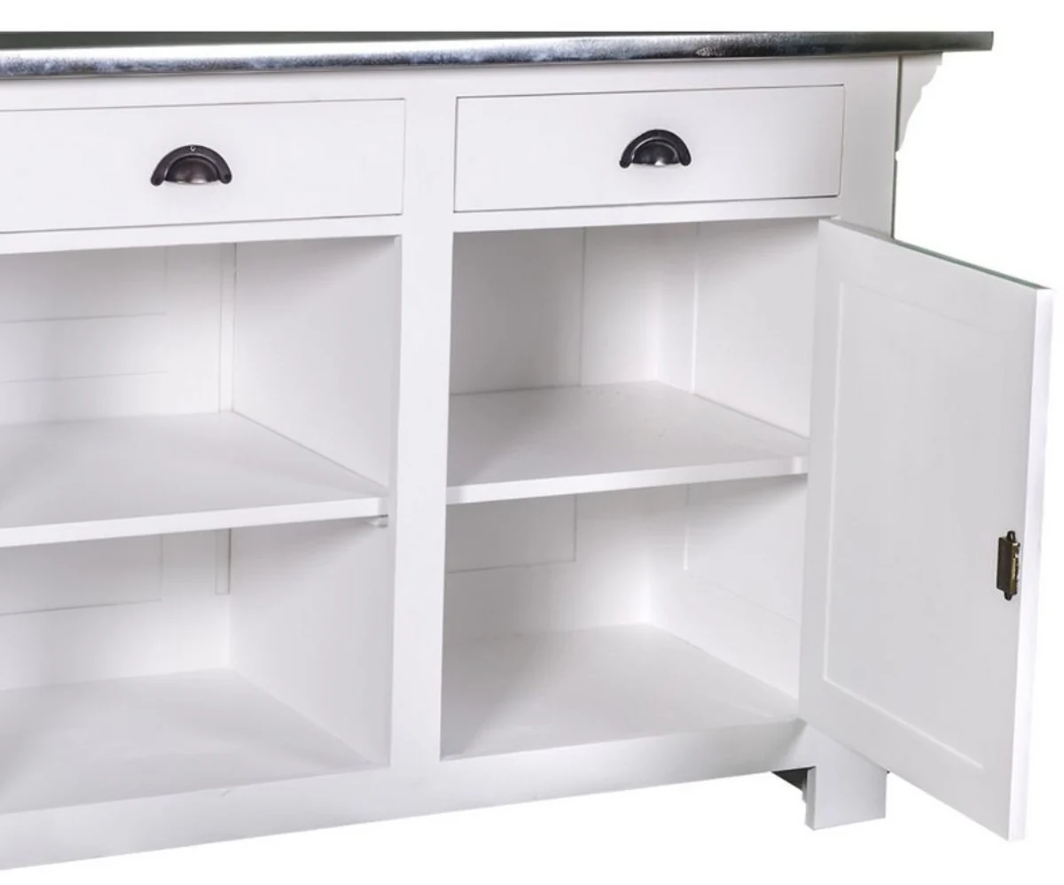 Casa Padrino mostrador de estilo country blanco / plata 191 x 68 x H. 95 cm - Mostrador de Madera Maciza con Sobre de Zinc