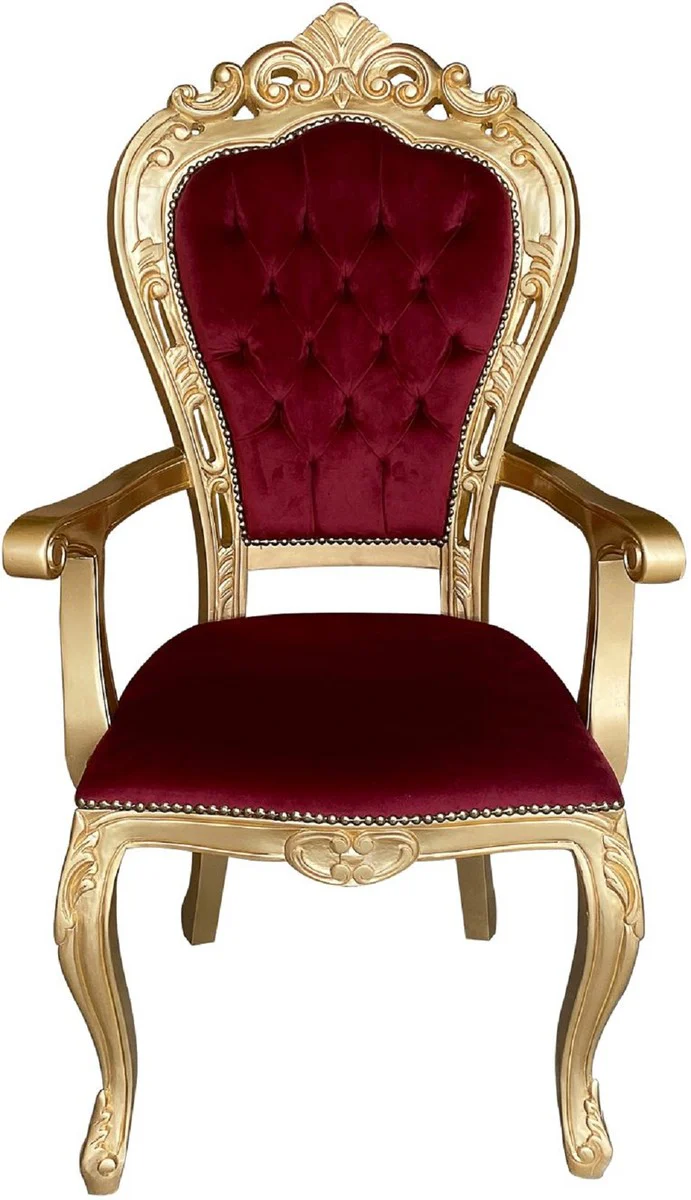 Casa Padrino silla de comedor barroco de lujo rojo burdeos / oro - Silla de estilo antiguo hecha a mano con reposabrazos y terciopelo fino - Muebles de comedor de estilo barroco