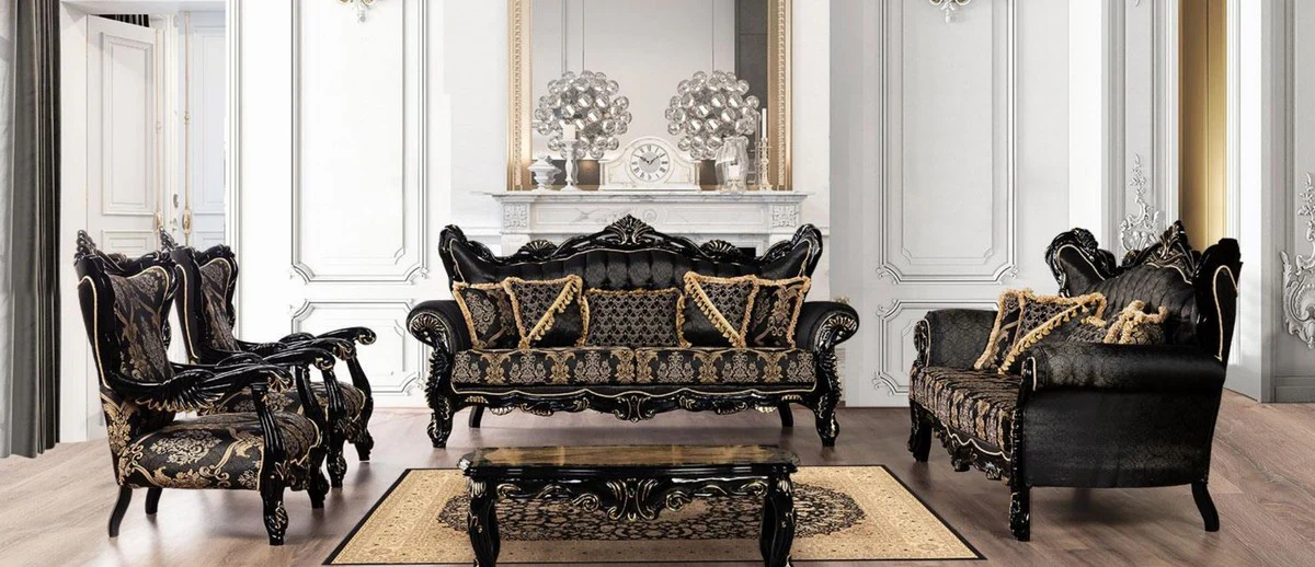 Casa Padrino conjunto de sala de estar barroco de lujo negro / oro - 2 Sof¨¢s con Patr¨®n y 2 Sillones con Patr¨®n y 1 Mesa de Centro - Magn¨ªfica muebles de sal¨®n barrocos
