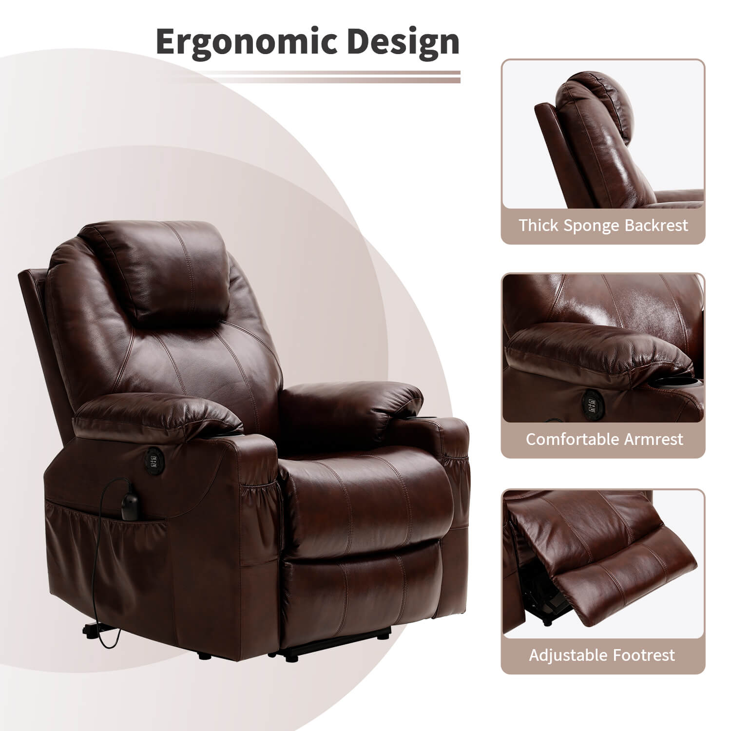 3-Position Power Lift Chair with Heal and Massage Real Leather