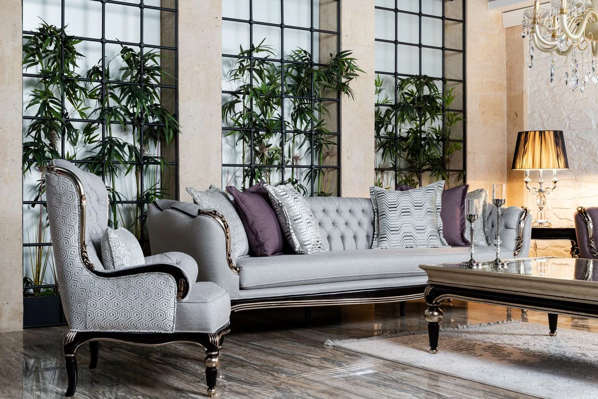 Casa Padrino sof¨¢ barroco de lujo gris / negro / plata - Sof¨¢ de sal¨®n hecho a mano - Muebles de sal¨®n barrocos