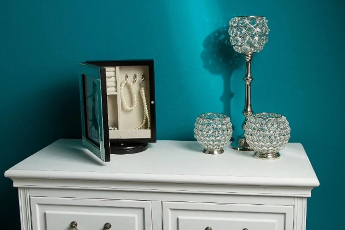 Casa Padrino Gabinete de Joyer¨ªa de Lujo Negro / Crema / Plata 20 x 15 x H. 27 cm - Gabinete de Joyer¨ªa Peque?o con Marco de Fotos Puerta con Espejo y Base Giratoria