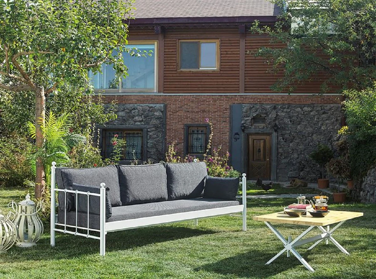 Casa Padrino sofá de jardín Art Nouveau blanco / gris oscuro 200 x 70 x A. 92 cm - Sofá de Jardín - Sofá de Terraza - Muebles de Jardín y Terraza Art Nouveau