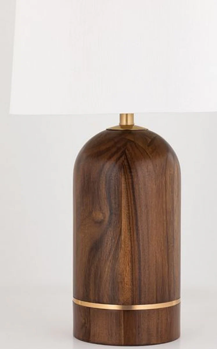 Casa Padrino lámpara de mesa de lujo marrón / latón antiguo / blanco Ø 40,6 x A. 66 cm - Elegante lámpara de mesa de madera maciza con pantalla redonda de lino