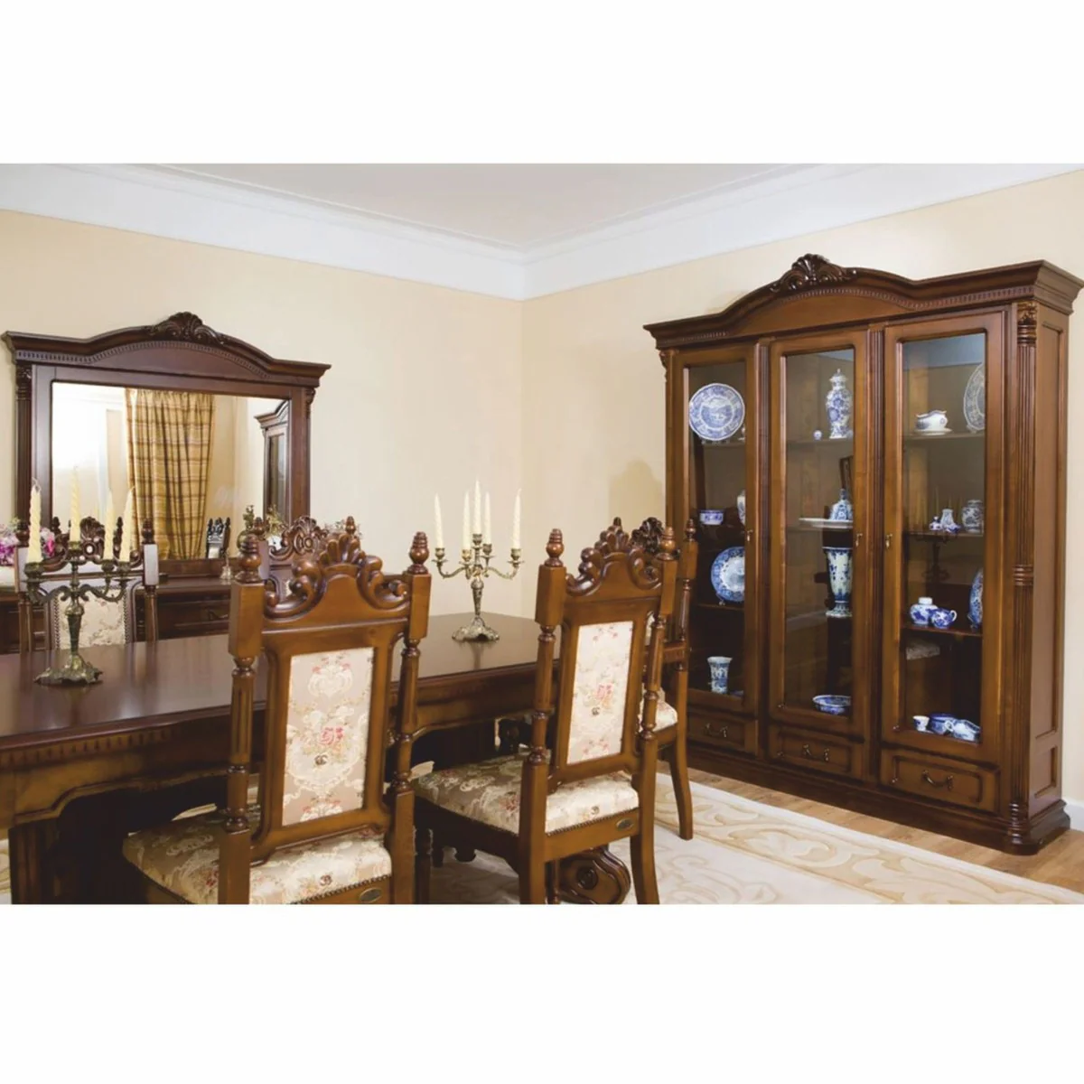 Casa Padrino Conjunto de Comedor Barroco de Lujo Marr¨®n / Crema - 1 Mesa de Comedor Extensible y 6 Sillas