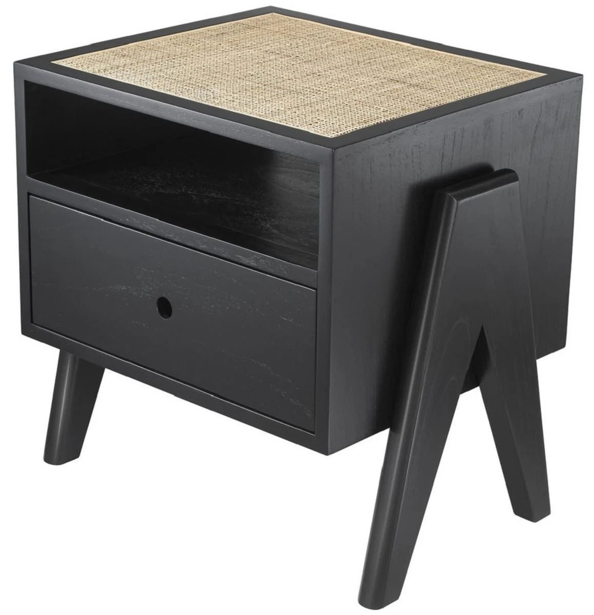 Casa Padrino mesita de noche de lujo negro / natural 58 x 45 x A. 55,5 cm - Mesa auxiliar de madera maciza con tejido de ratán - Muebles de dormitorio de lujo