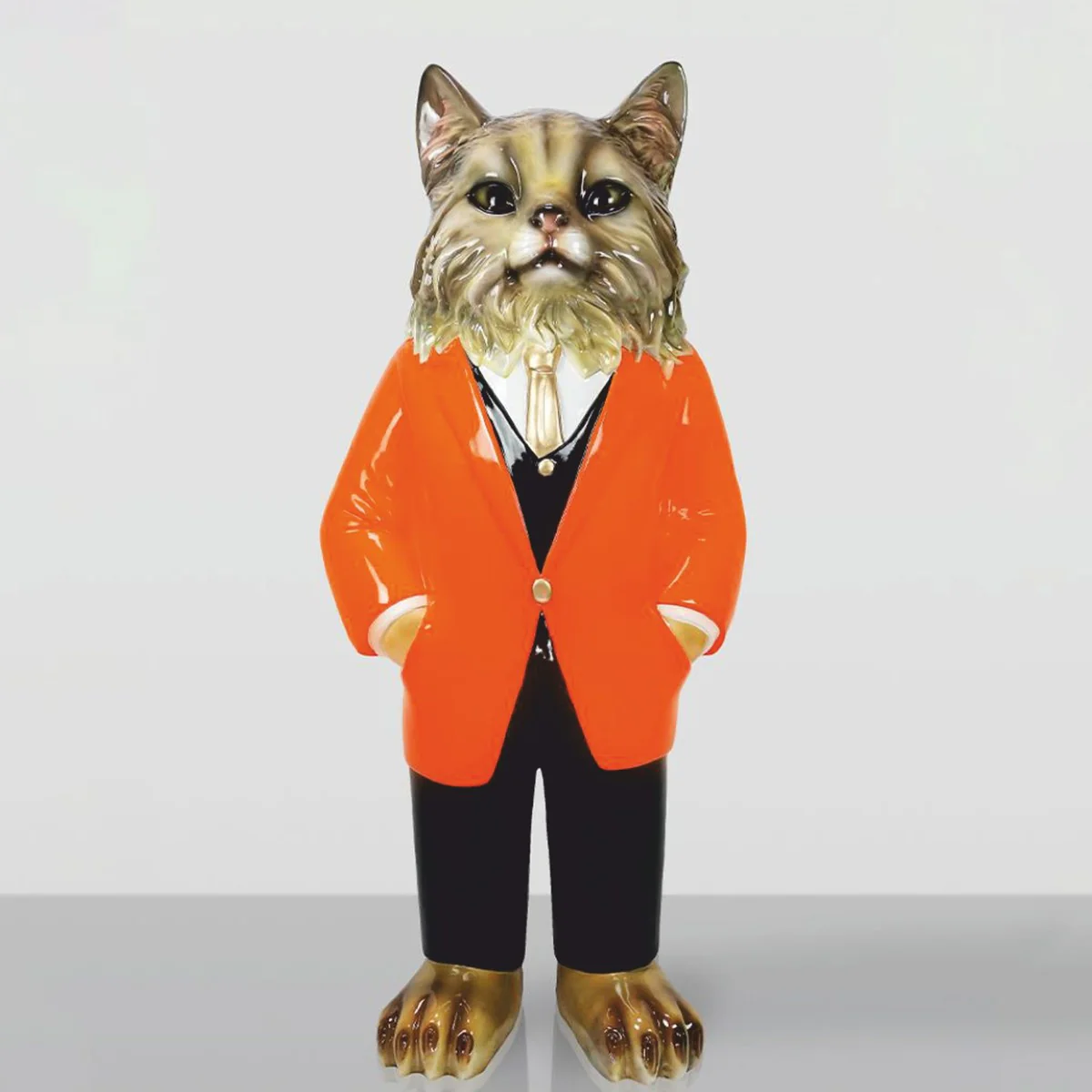 Casa Padrino escultura decorativa XXL gato con traje marr¨®n / naranja / negro / blanco / oro A. 172 cm
