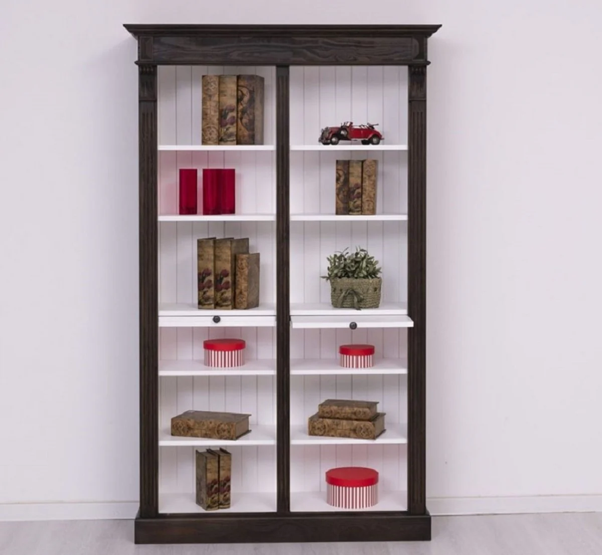 Casa Padrino armario de libros estilo country negro / blanco 120 x 37 x H. 197 cm - Armario de Madera Maciza - Armario Estante - Armario para Sala de Estar - Muebles de Estilo Country