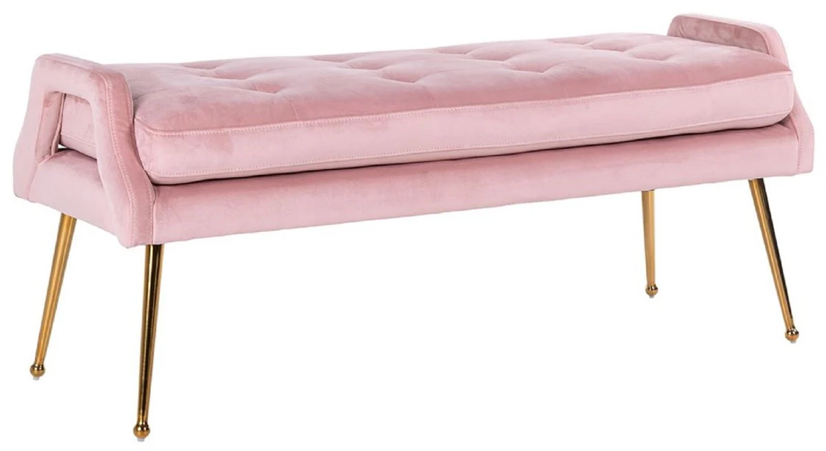 Casa Padrino banco de terciopelo de lujo rosa / oro 121,5 x 45 x A. 51,5 cm - Banco tapizado de madera maciza con terciopelo fino y patas de acero inoxidable - Colecci¨®n de Lujo
