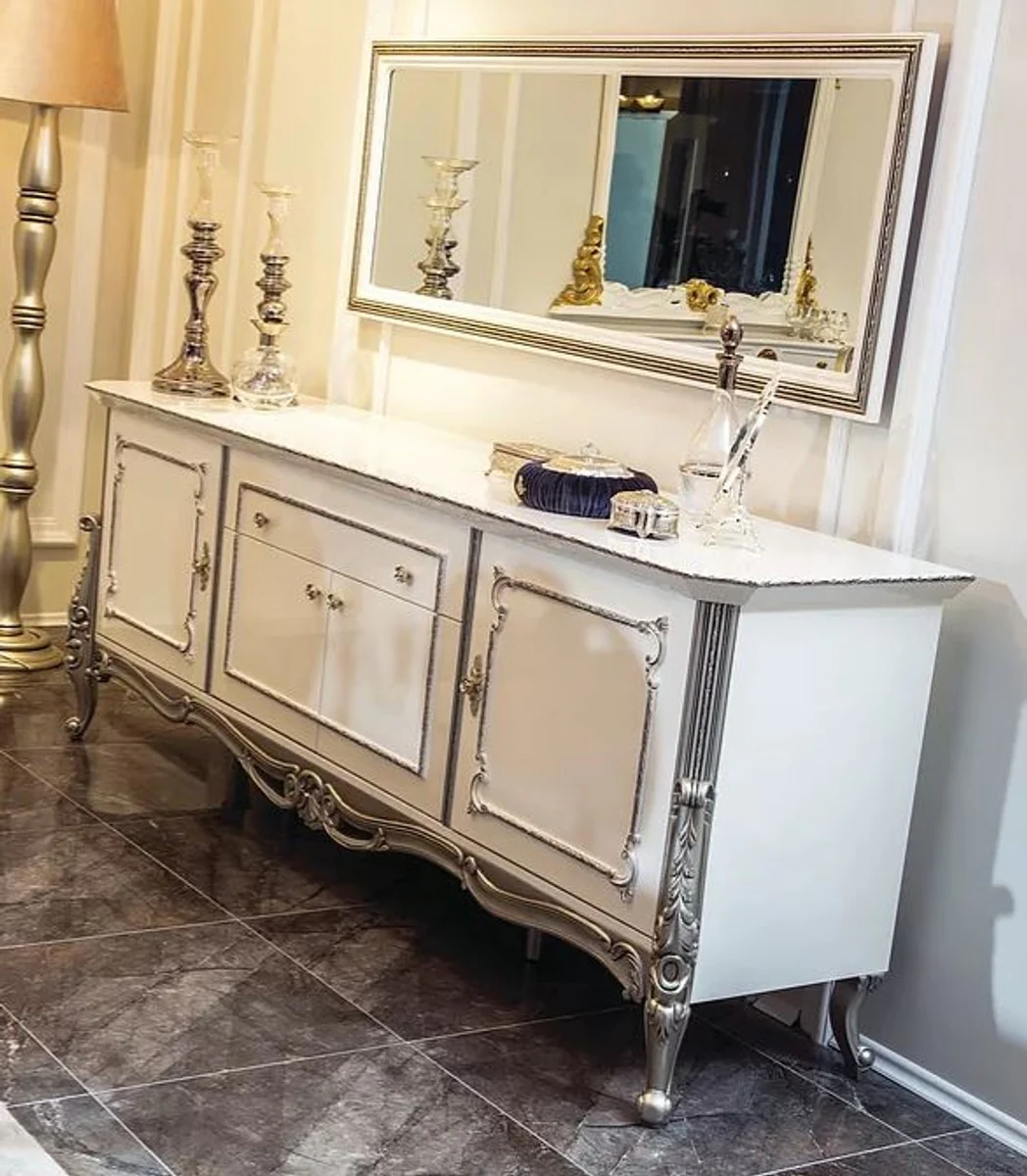 Casa Padrino conjunto de muebles barrocos de lujo aparador con espejo blanco / plata - Mueble de madera maciza con elegante espejo de pared - Noble y Magnífica