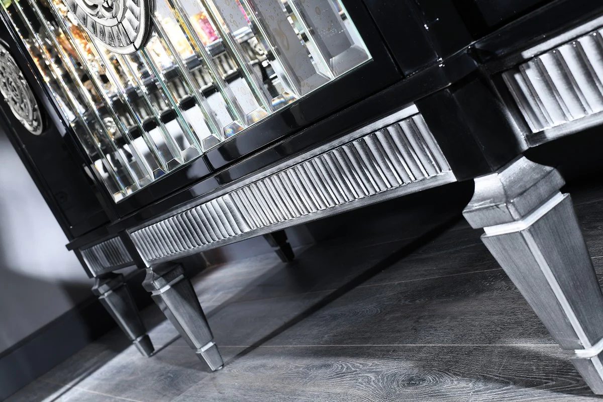 Casa Padrino conjunto de sala de estar barroco de lujo negro / plata - Aparador y 3 Espejos - Muebles Barrocos