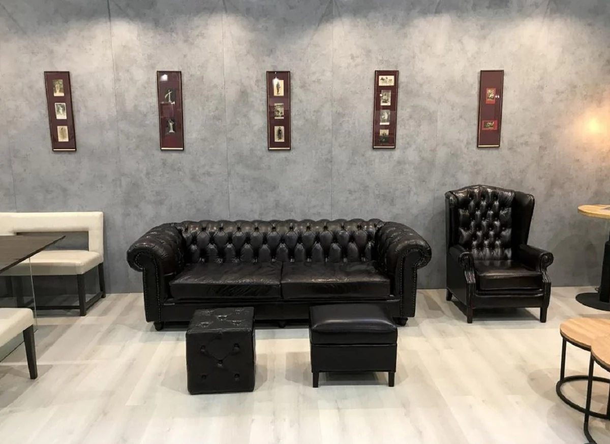 Casa Padrino sof¨¢ de cuero Chesterfield de lujo negro 240 x 100 x A. 80 cm - Sof¨¢ de sal¨®n de cuero genuino - Muebles de sal¨®n - Muebles Chesterfield - Muebles de lujo - Interiores de lujo