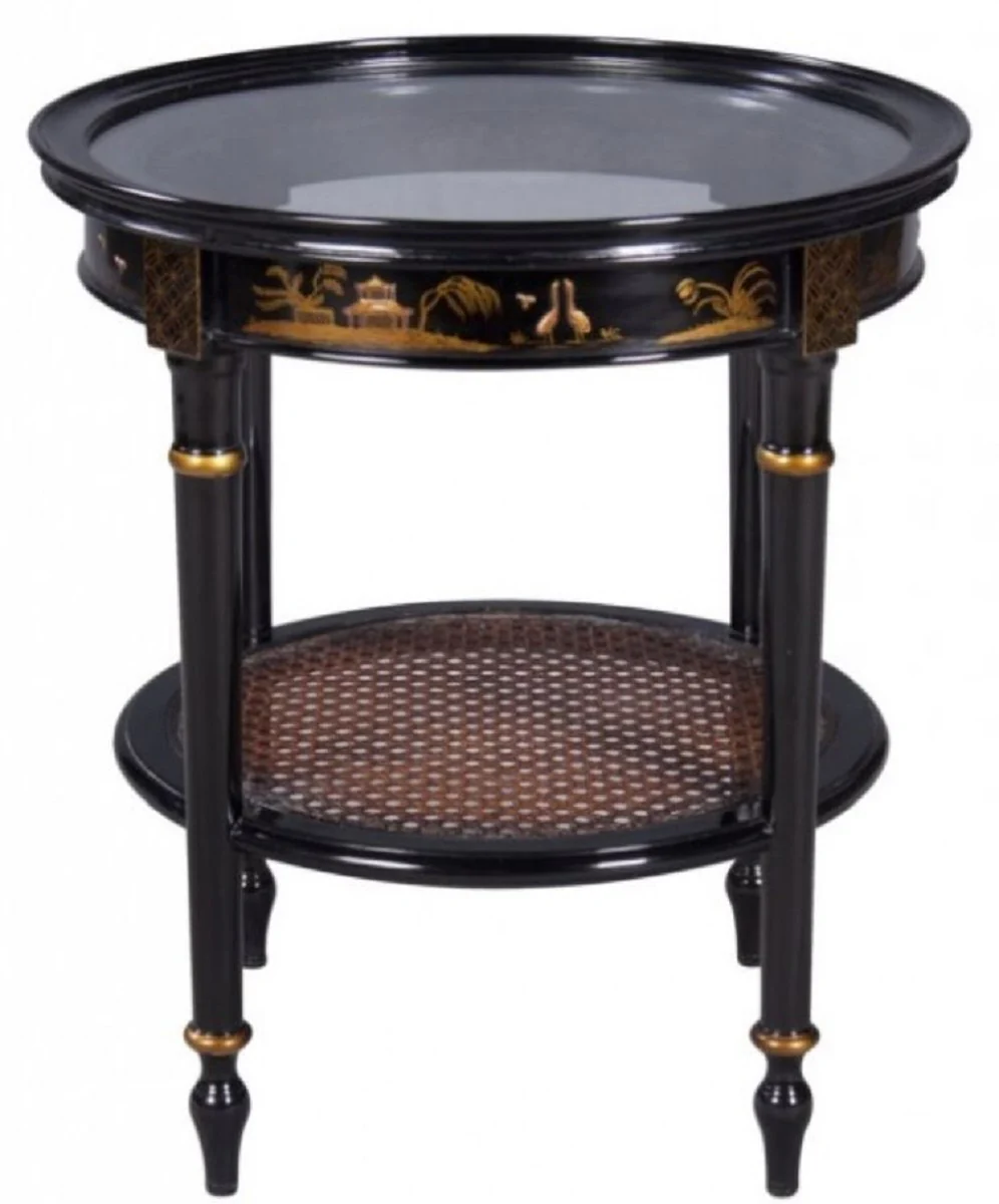Casa Padrino mesa auxiliar barroco de lujo negro / oro Ø 48 x H. 53 cm - Mesa Auxiliar Redonda de Caoba con Tapa de Cristal y Decoraciones Chinas