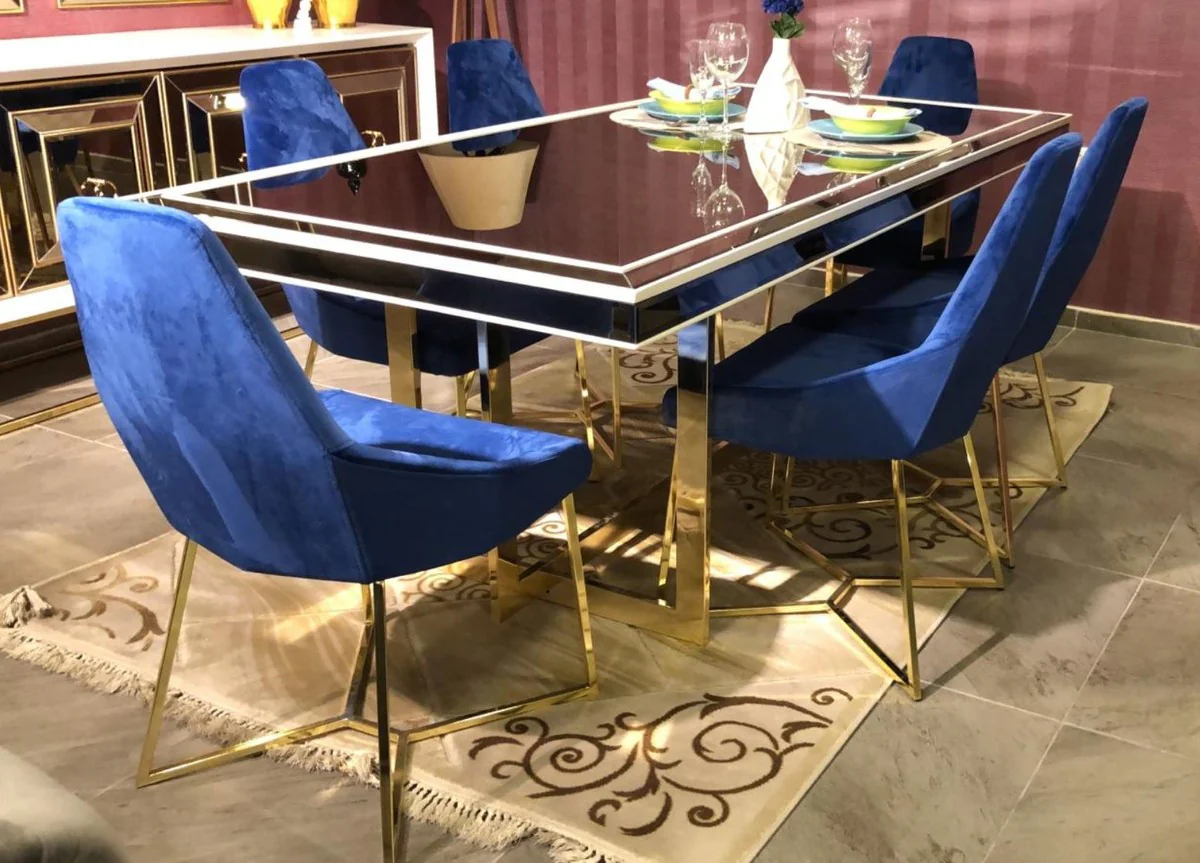 Casa Padrino conjunto de comedor de lujo azul / blanco / oro - 1 Mesa de Comedor y 6 Sillas de Comedor - Muebles de Comedor de Lujo