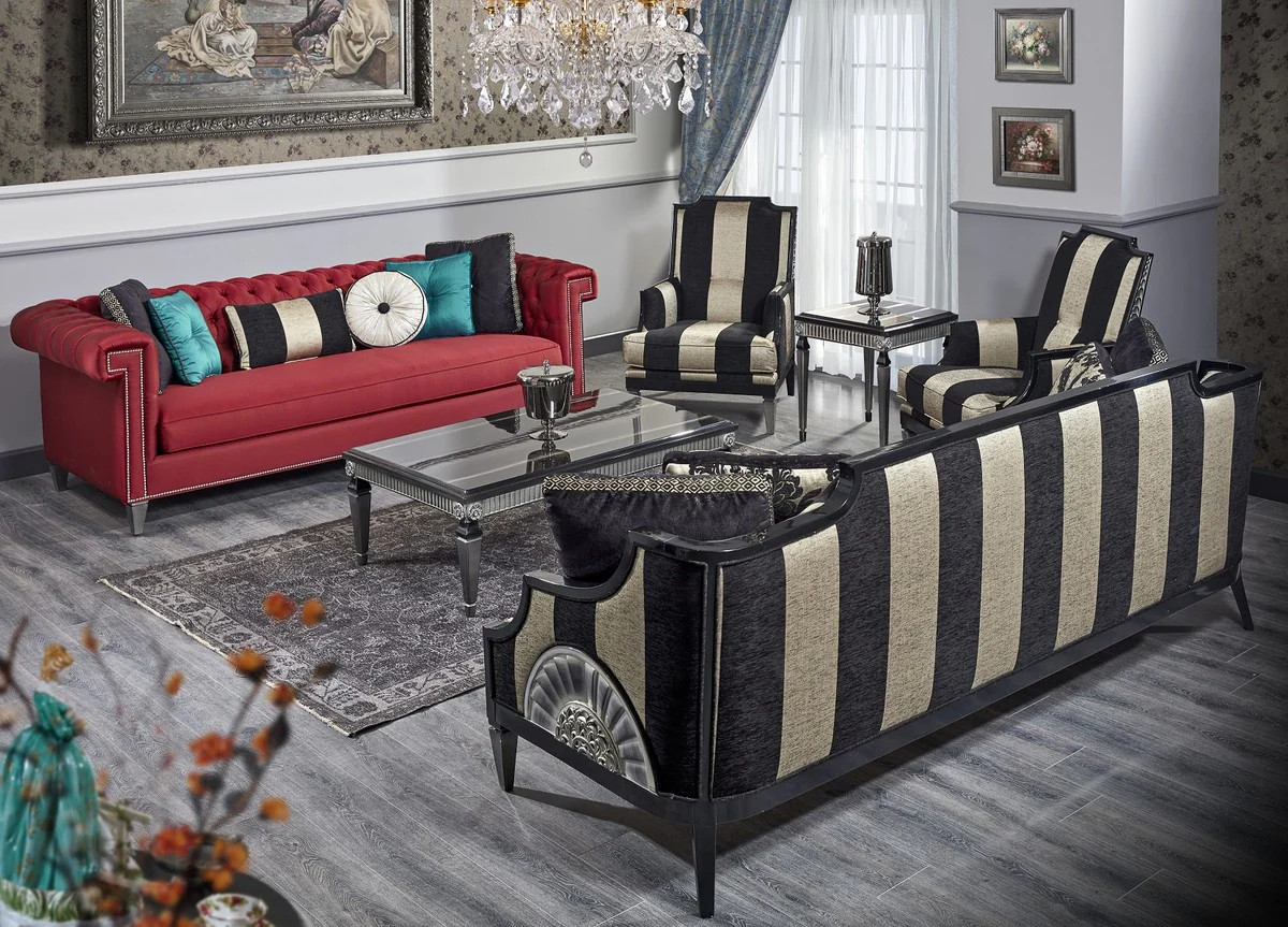 Casa Padrino conjunto de sala de estar barroco de lujo rojo / negro / oro / plata - 2 Sof¨¢s y 2 Sillones y 1 Mesa de Centro y 1 Mesa Auxiliar - Muebles de Sal¨®n Barrocos