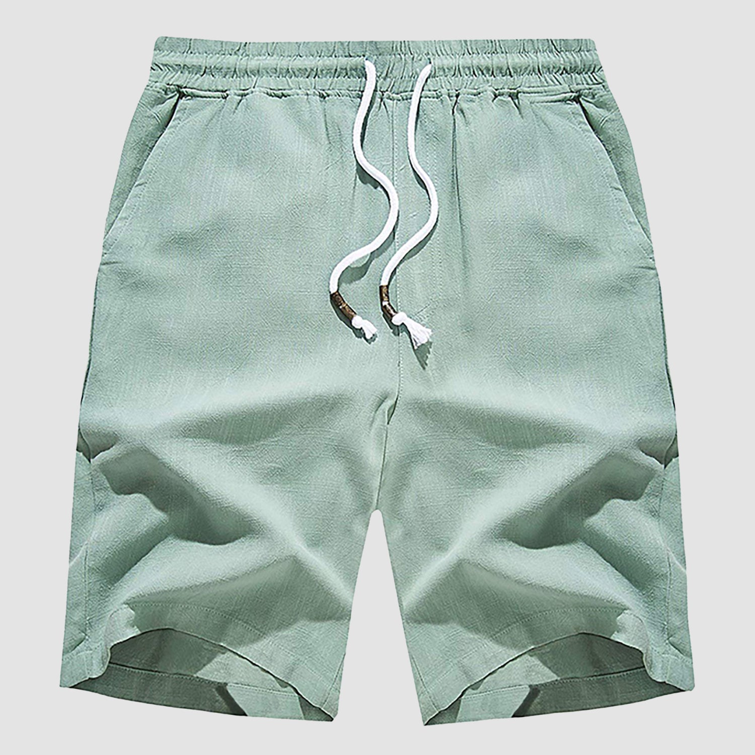 Men Linen Cotton Shorts Fashion Solid Color Drawstring Elastic Waist