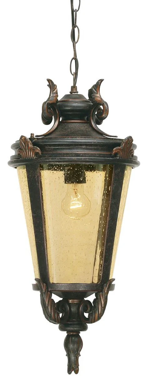Casa Padrino lámpara colgante exterior barroco negro antiguo / bronce / ámbar Ø 28 x A. 56 cm - Lámpara exterior nostálgica terraza jardín balcón - Iluminación exterior nostálgica