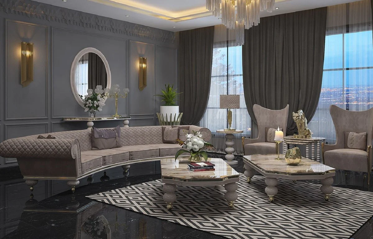 Casa Padrino Sof¨¢ Art Deco de Lujo Gris / Oro - Sof¨¢ de la Sala de Estar Curvo - Sof¨¢ del Hotel - Muebles de Hotel y Sala de Estar Art Deco de Lujo - Calidad de Lujo