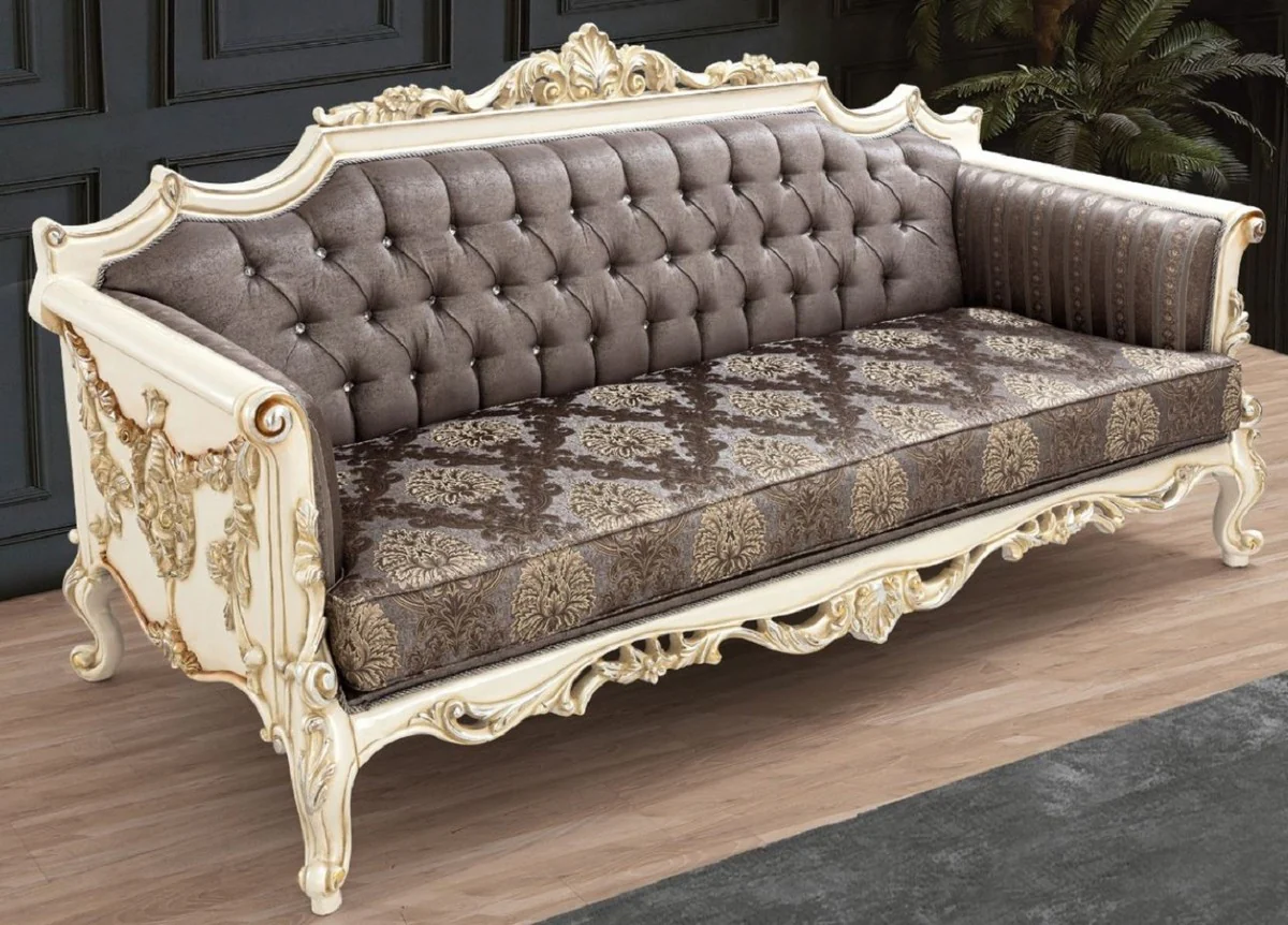 Casa Padrino sof¨¢ barroco de lujo gris / marr¨®n / blanco / oro / plata - Sof¨¢ de sal¨®n hecho a mano con patr¨®n elegante y pedrer¨ªa - Muebles de sal¨®n barrocos - Noble y Magn¨ªfico