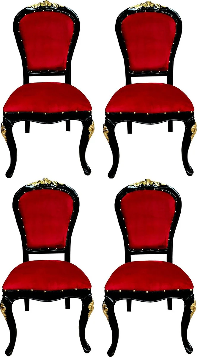Casa Padrino Conjunto de Sillas de Comedor Barroco de Lujo Burdeos Rojo / Negro / Oro 50 x 50 x H. 110 cm - 4 Sillas de Comedor de Madera Maciza Hechas a Mano con Tela de Terciopelo - Muebles de Comedor Barrocos