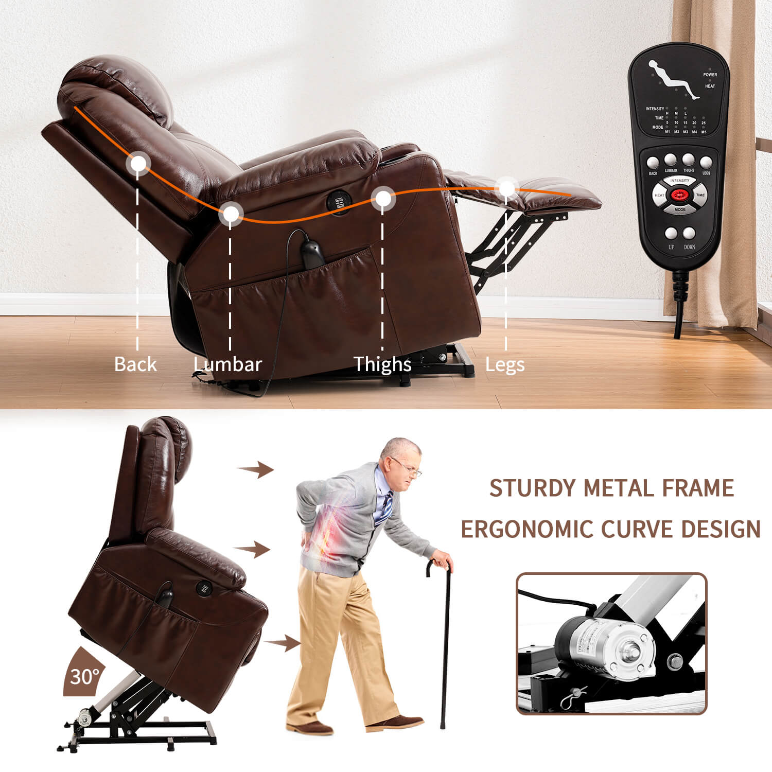 3-Position Power Lift Chair with Heal and Massage Real Leather