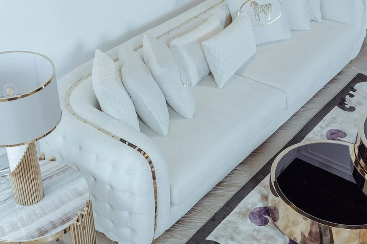 Casa Padrino Sof¨¢ de Lujo Blanco / Oro 265 x 83 x A. 73 cm - Sof¨¢ de Sal¨®n Moderno - Muebles de Sal¨®n y Hotel - Colecci¨®n de Lujo