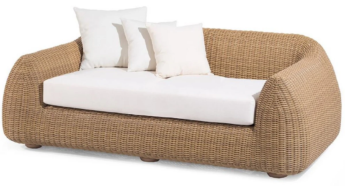 Casa Padrino sofá de jardín de lujo natural / blanco 196 x 124 x A. 72 cm - Sofá impermeable tejido a mano con cojines - Muebles de jardín modernos - Muebles de hotel