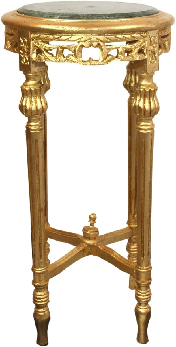 Casa Padrino Mesa Auxiliar Barroco con Encimera de M¨¢rmol Oro / Verde ? 37 x H. 71 cm - Mesa de Tel¨¦fono Mesa de Flores Redonda Tallada a Mano Estilo Antiguo con Hermosos Adornos