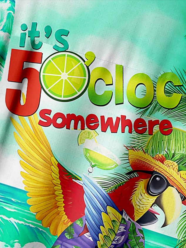 It's 5 O'Clock Somewhere Parrot Chest Pocket Short Sleeve Hawaiian Shirt