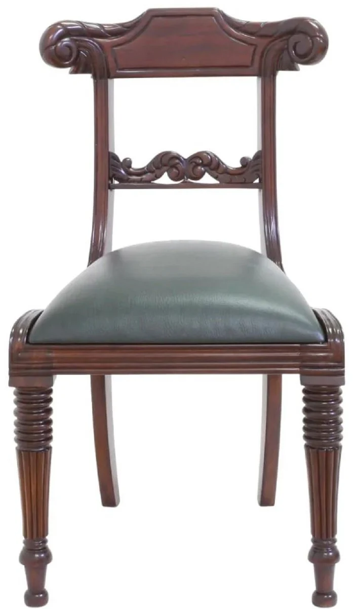 Casa Padrino silla de comedor Art Nouveau de lujo de caoba con cuero genuino marrón oscuro / verde 52 x 58 x A. 90 cm - Silla de cocina de madera maciza - Muebles de Comedor Barrocos y Art Nouveau
