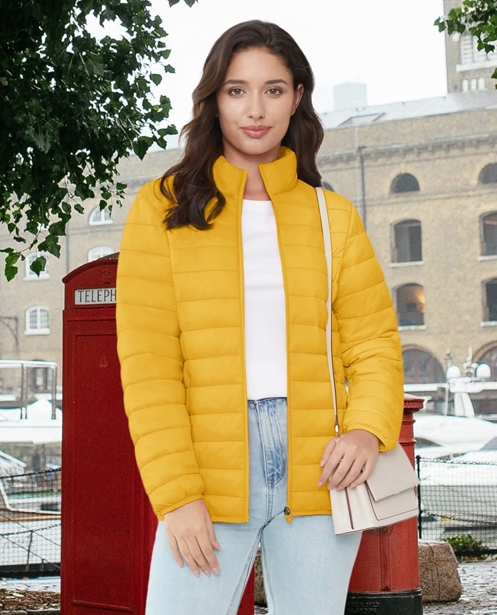 Women Lightweight Puffer Jacket Stand Collar Full Zip Quilted Lined Winter Coat