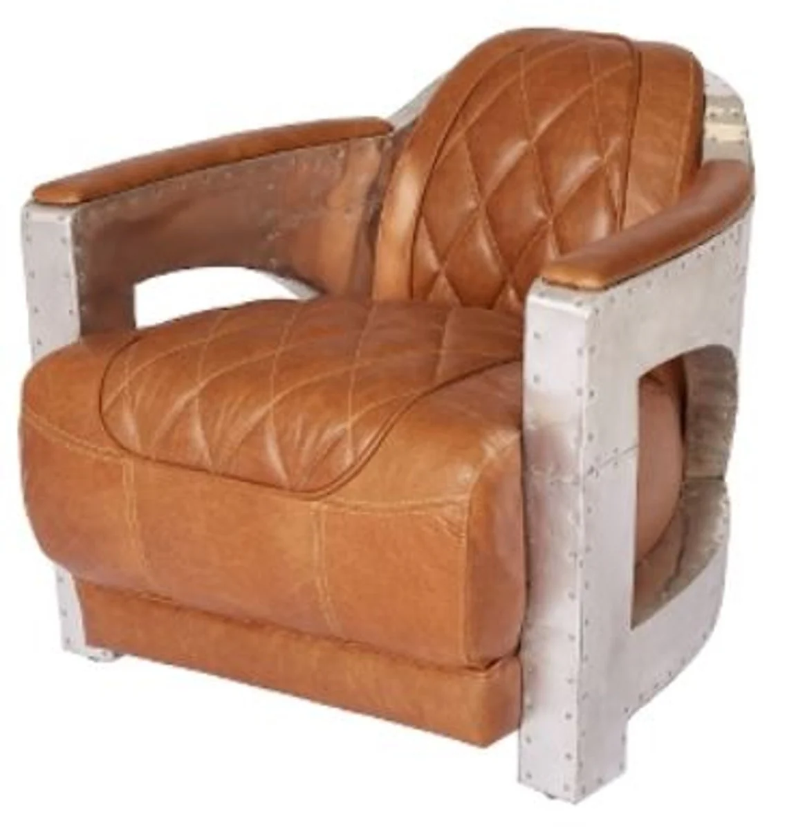 Casa Padrino genuine leather club armchair light brown / silver 75 x 89 x H. 70 cm - Luxury Collection