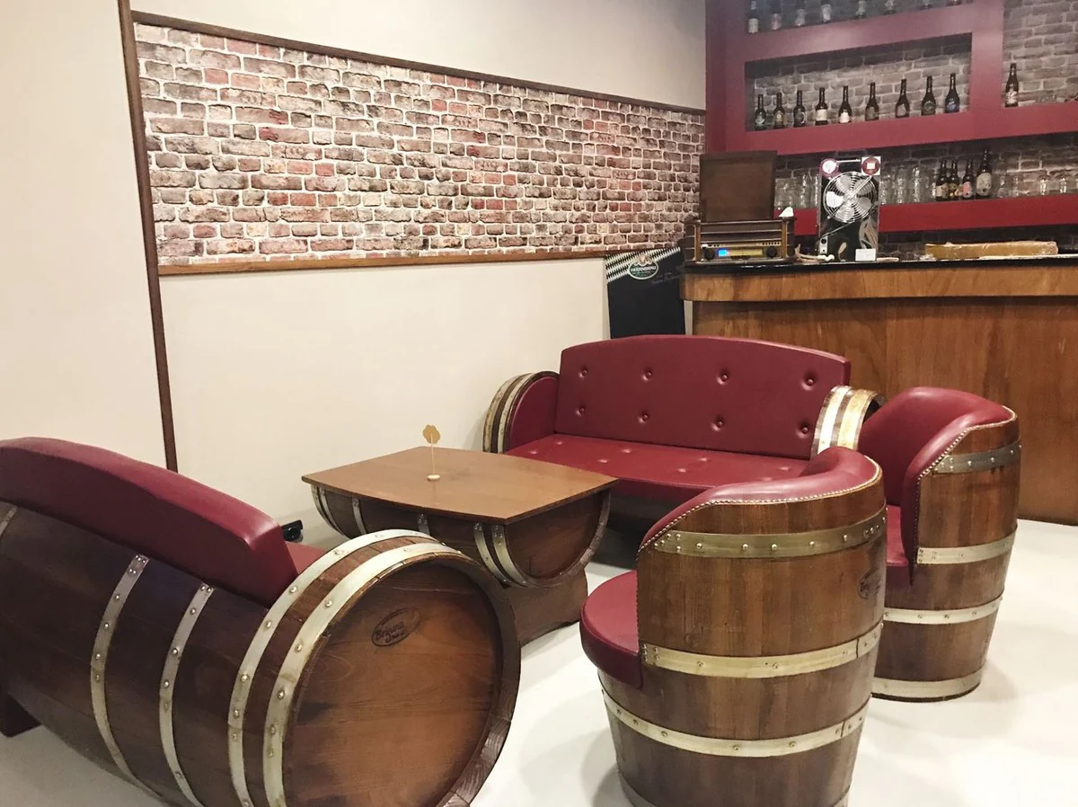 Casa Padrino Conjunto de Muebles Barril de Lujo Rojo Burdeos / Marrón / Plata - 2 Sofás & 2 Sillones & 1 Mesa de Centro - Muebles Barril de Vino de Jardín Terraza Gastronomía - Collection di Lujo