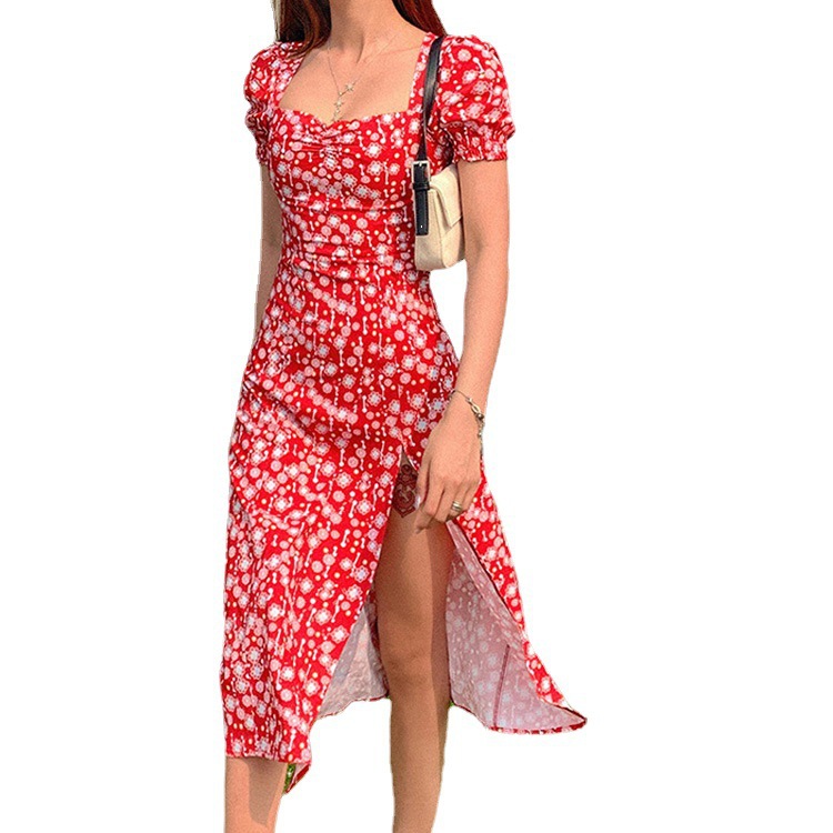 Fresh And Sweet Floral Wrap Chest Slit Waist Dress