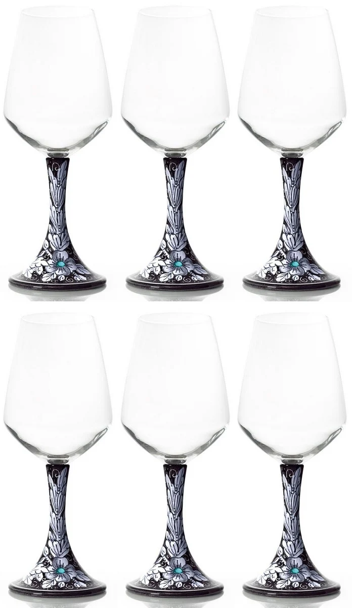 Casa Padrino conjunto de 6 copas de vino de cer¨¢mica de lujo negro / multicolor A. 23,5 cm - Copas de vino hechas y pintadas a mano - Accesorios hoteles y restaurantes - Hecho en Italia