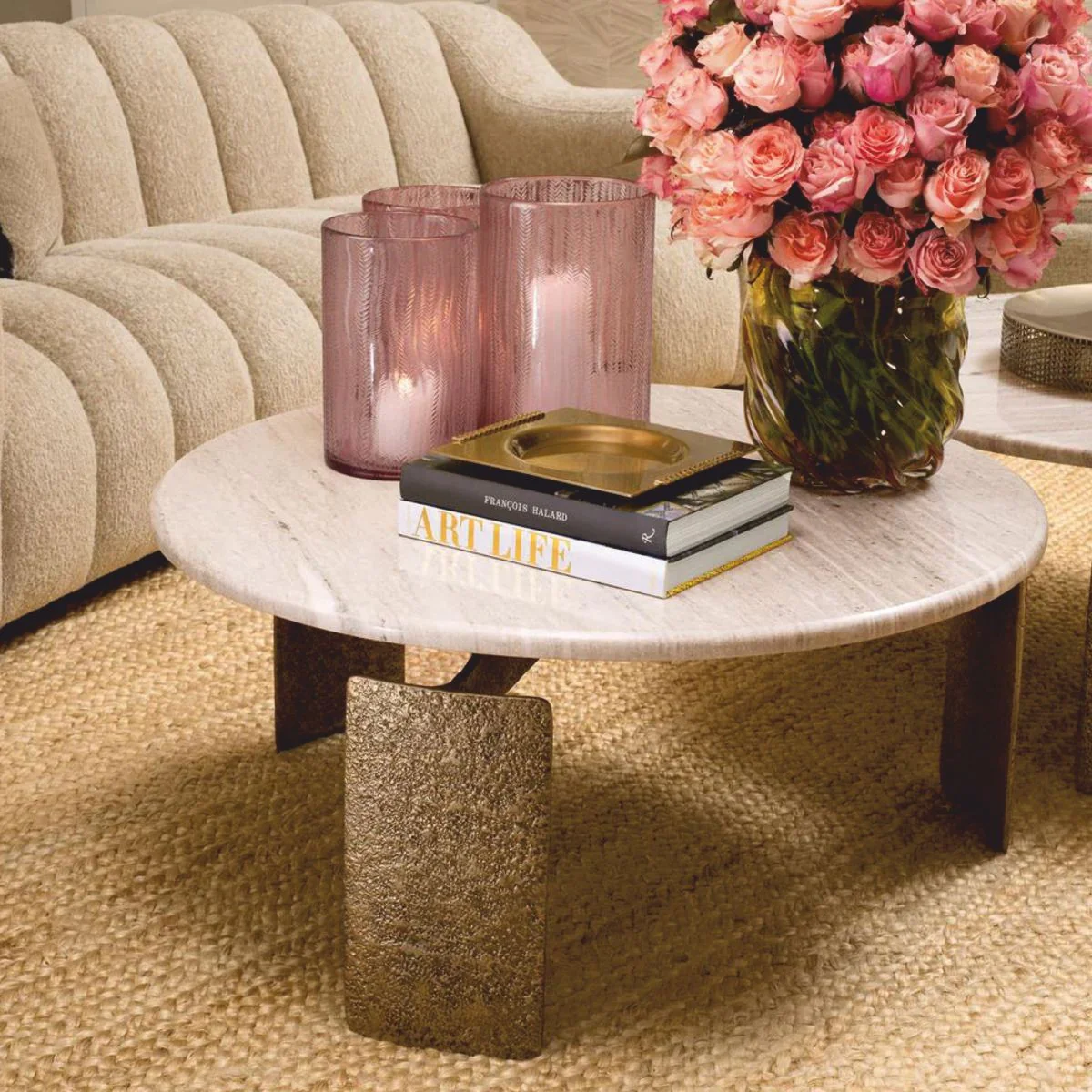 Casa Padrino mesa de centro de lujo con tapa de m¨¢rmol lat¨®n antiguo / beige ? 100 cm