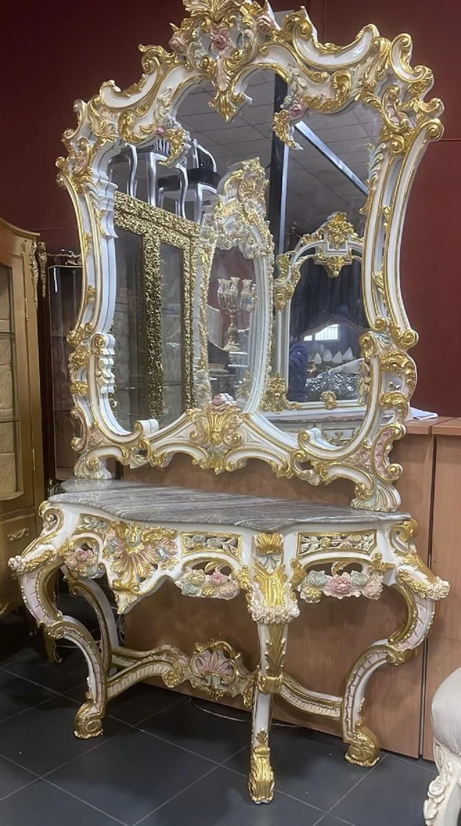 Casa Padrino consola de espejo barroco con tapa de m¨¢rmol blanco / multicolor / oro / gris - Consola estilo barroco con espejo - Muebles de armario estilo barroco - Muebles barrocos