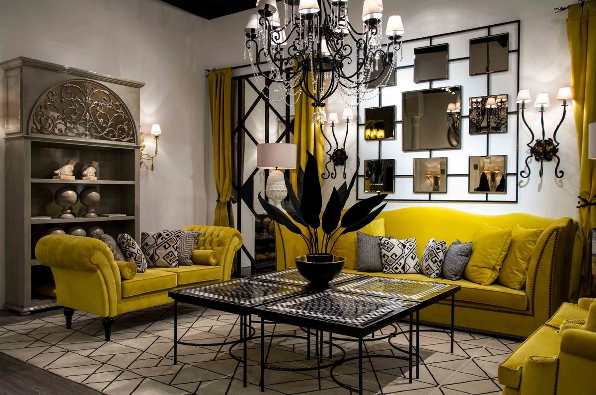 Casa Padrino mesa de centro Art Nouveau de lujo negro / blanco 80 x 80 x A. 45 cm - Mesa de hierro forjado hecha a mano con tablero de azulejos de cer¨¢mica - Muebles mesa de jard¨ªn de sala de estar