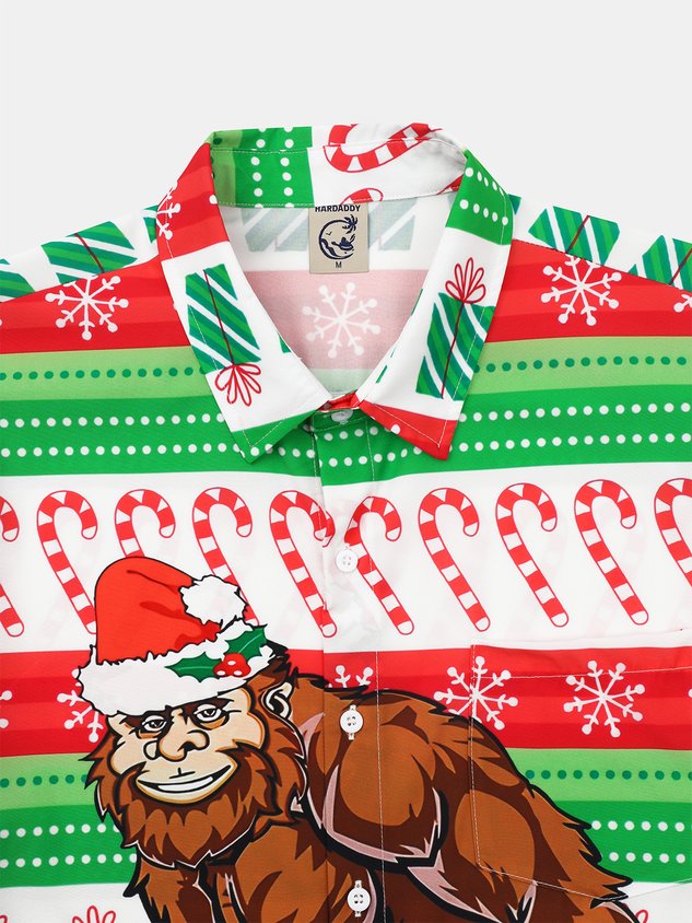 Christmas Big Foot Chest Pocket Short Sleeve Casual Shirt