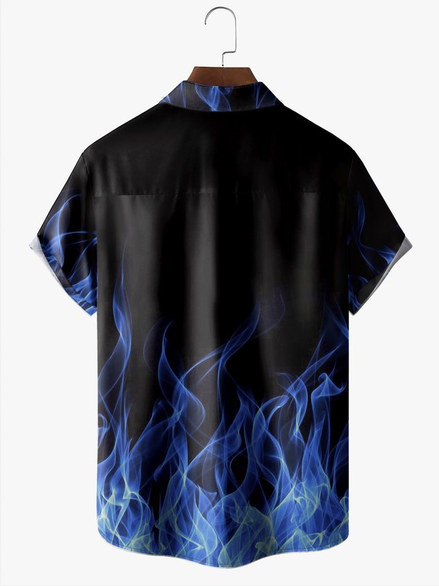 Men's Halloween Fire Print Anti-Wrinkle Moisture Wicking Fabric Fashion Hawaiian Lapel Short Sleeve Shirt