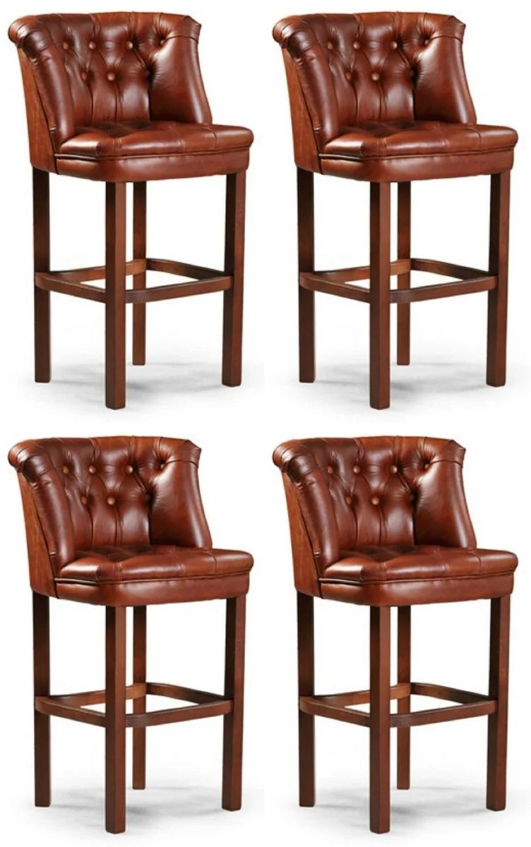 Casa Padrino Conjunto de 4 Sillas de Bar de Cuero Chesterfield de Lujo Marr¨®n 63 x 56 x A. 107 cm - Taburetes de Bar Tapizados de Cuero Genuino - Muebles de Bar Chesterfield de Lujo