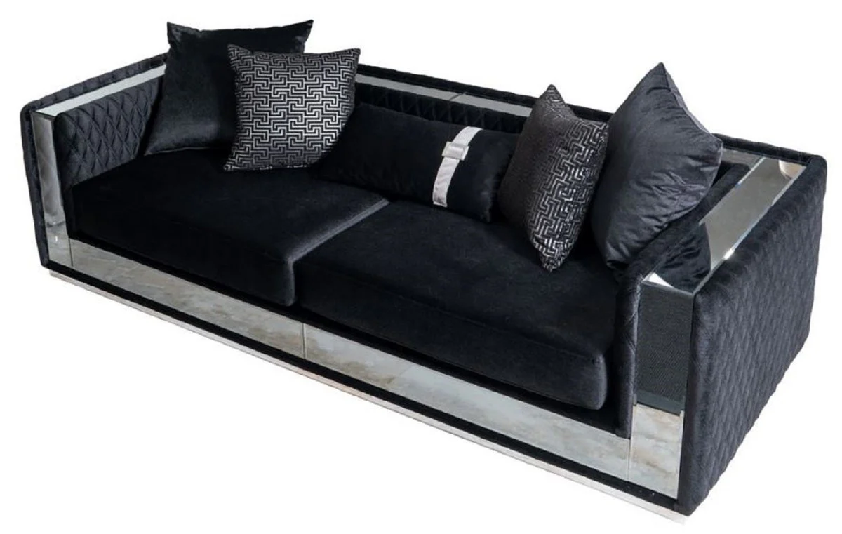 Casa Padrino sof¨¢ de lujo de 3 plazas negro / plata 220 x 90 x A. 70 cm - Sof¨¢ de sal¨®n con espejo - Sof¨¢ de hotel - Muebles de sal¨®n - Muebles de hotel - Muebles de lujo