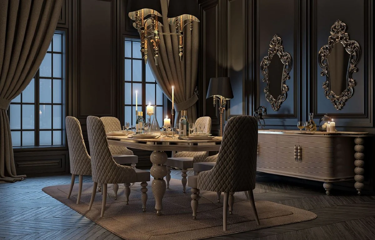 Casa Padrino conjunto de comedor Art Deco de lujo gris / blanco / oro - 1 Mesa de Comedor Art Deco con Tapa M¨¢rmol Artificial y 6 Sillas de Comedor Art Deco - Muebles de Comedor Art Deco