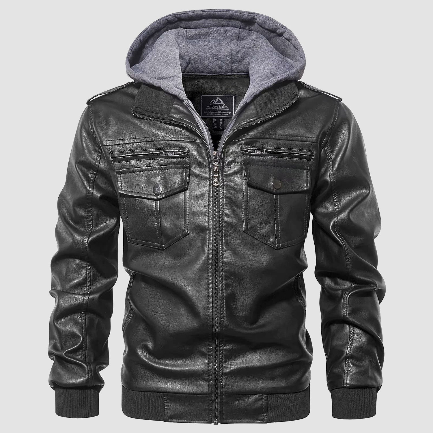 Men's PU Faux Leather Jacket Bomber Jacket with Removable Hood Motorcycle Jacket